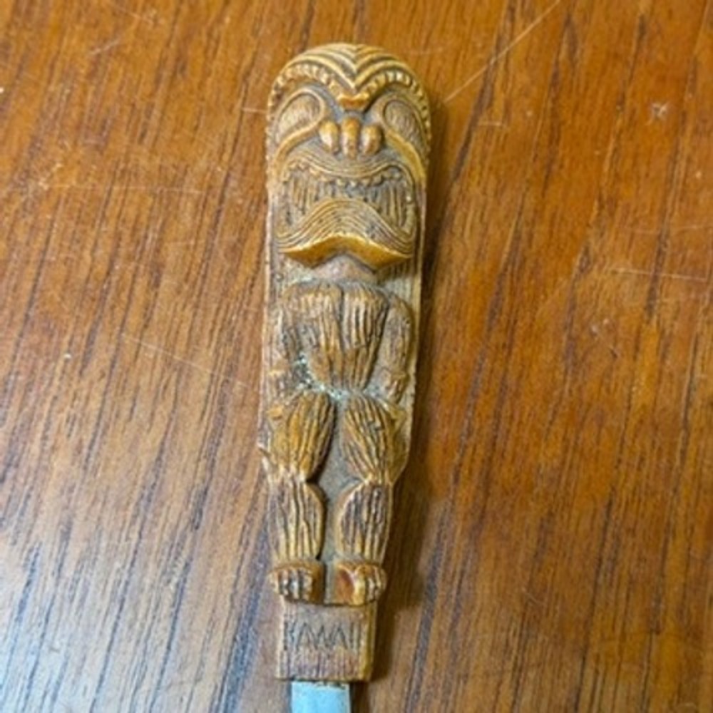 Vintage Hawaii Hand Carved Tiki Letter Opener Metal Blade Desk Office MCM Tribal